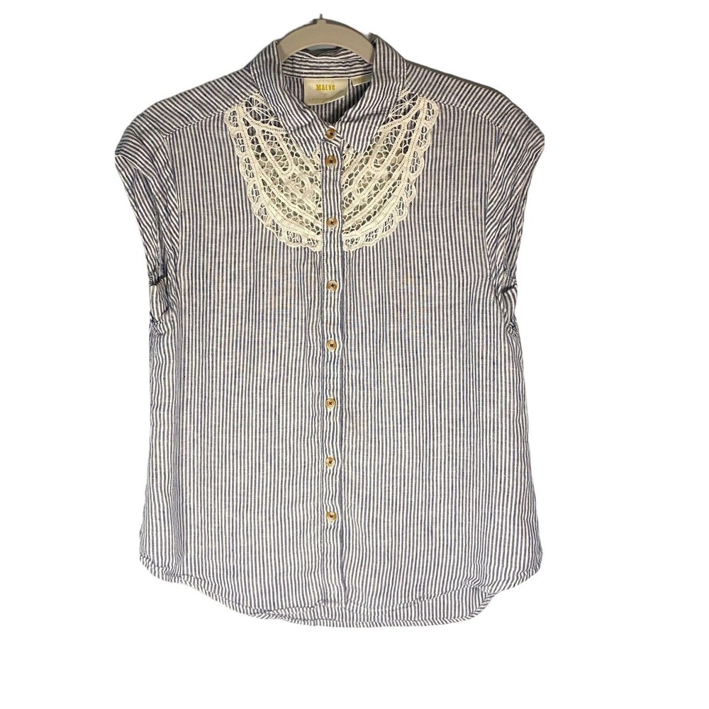 Maeve by Anthropologie Blue White Stripe Shirt Button Up Linen Lace Size XS